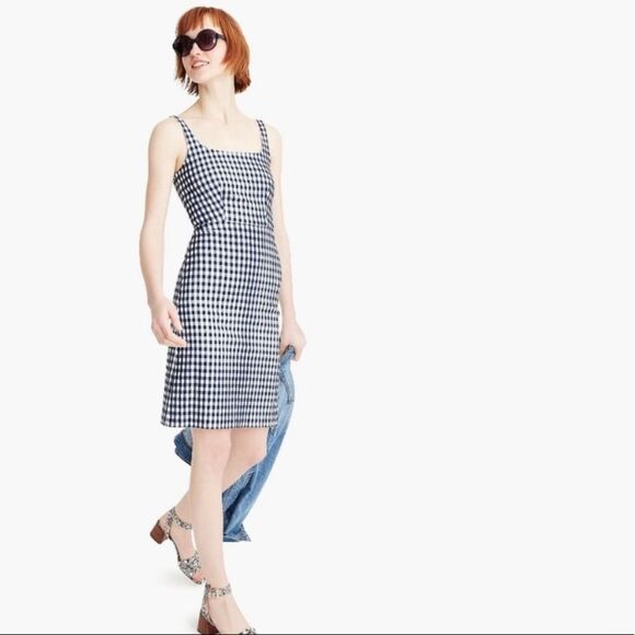 NWT J Crew Sleeveless Mini Dress in Stretch Gingham Navy Blue/White Size 6 - Picture 1 of 8